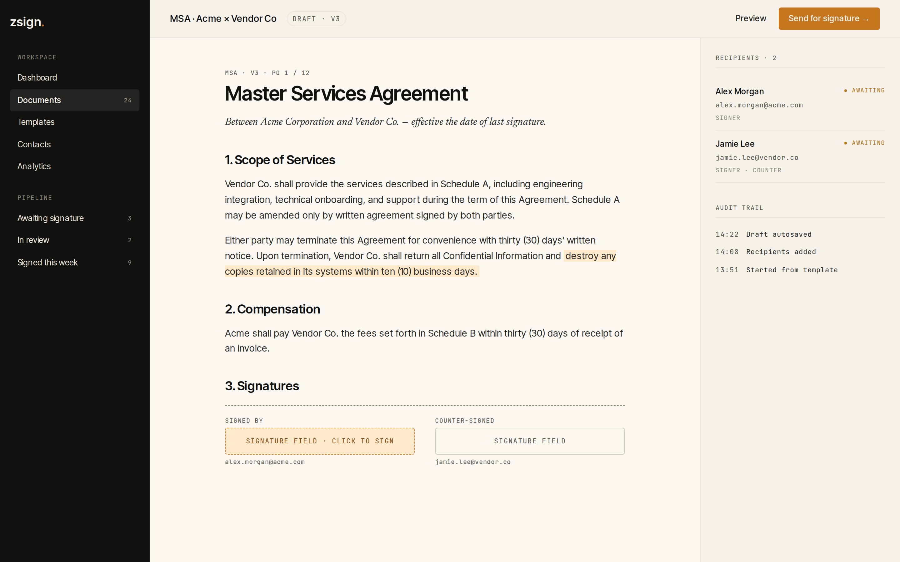 ZSign document editor showing a contract with signature fields