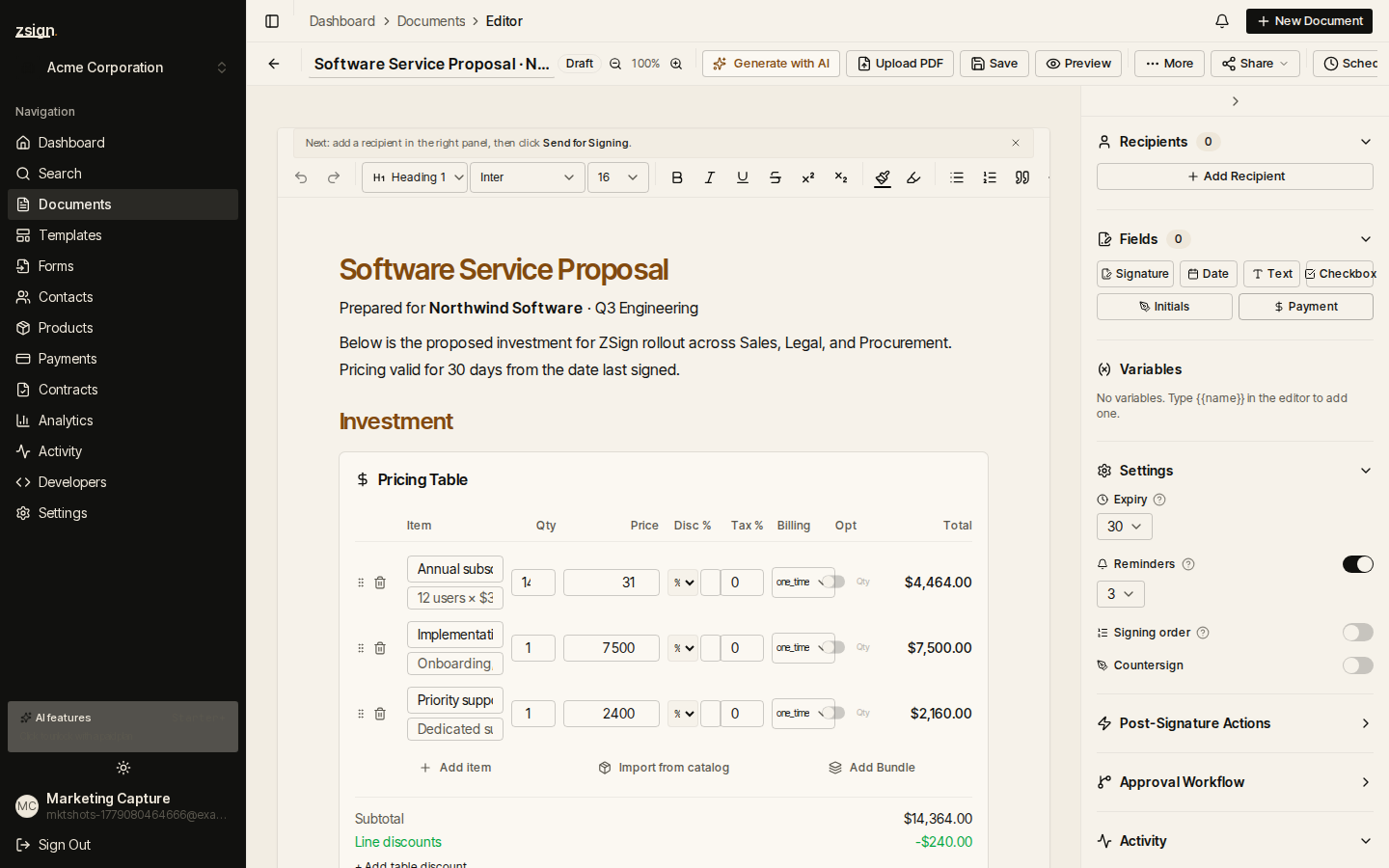 ZSign proposal editor with a live pricing table — quantity, unit price, discount, line total